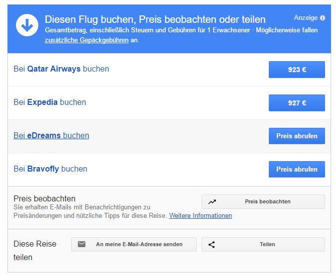Google Flights Buchungsmaske / Optionenmaske