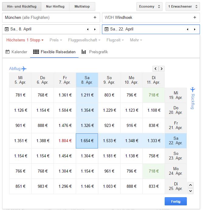 Google Flights - Maske der Reisedatenvorschläge