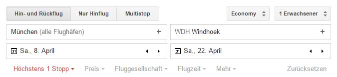 Google Flights - Auswahl Suchkriterien