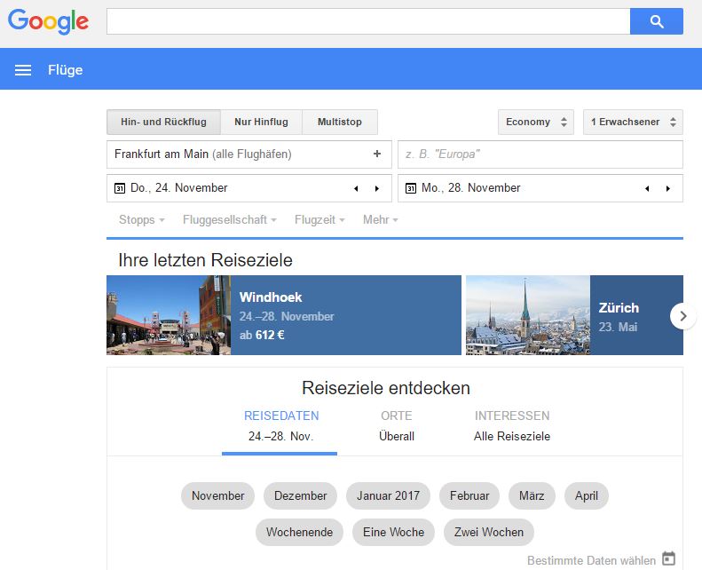 Google Flights Startseite