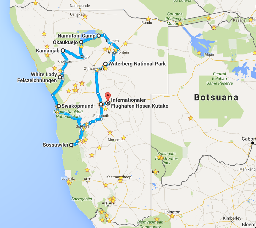 Landkarte für Namibia-Reiseroute: übliche Route durch Nambias Zentrum