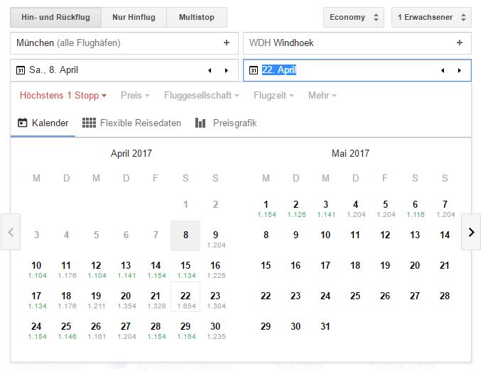 Google Flights - Kalenderübersicht Flugpreise