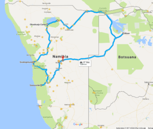 Kartenausschnitt Google Maps. Reiseroute Namibias zentrale Highlights und Okavango-Delta