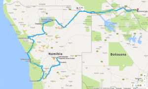 Kartenausschnitt Google Maps. Reiseroute Namibias zentrale Highlights, Caprivi, Chobe-Park, Victoria-Fälle