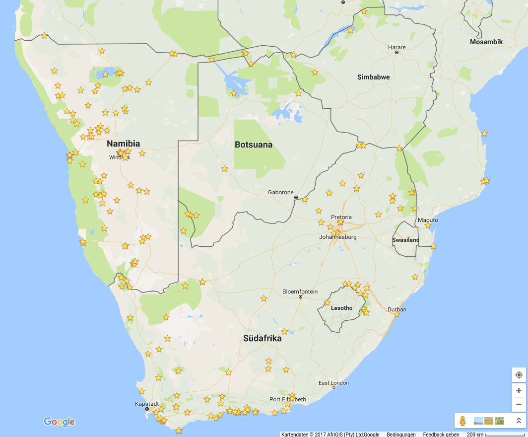 Kartenausschnitt Google Maps. Südliches Afrika
