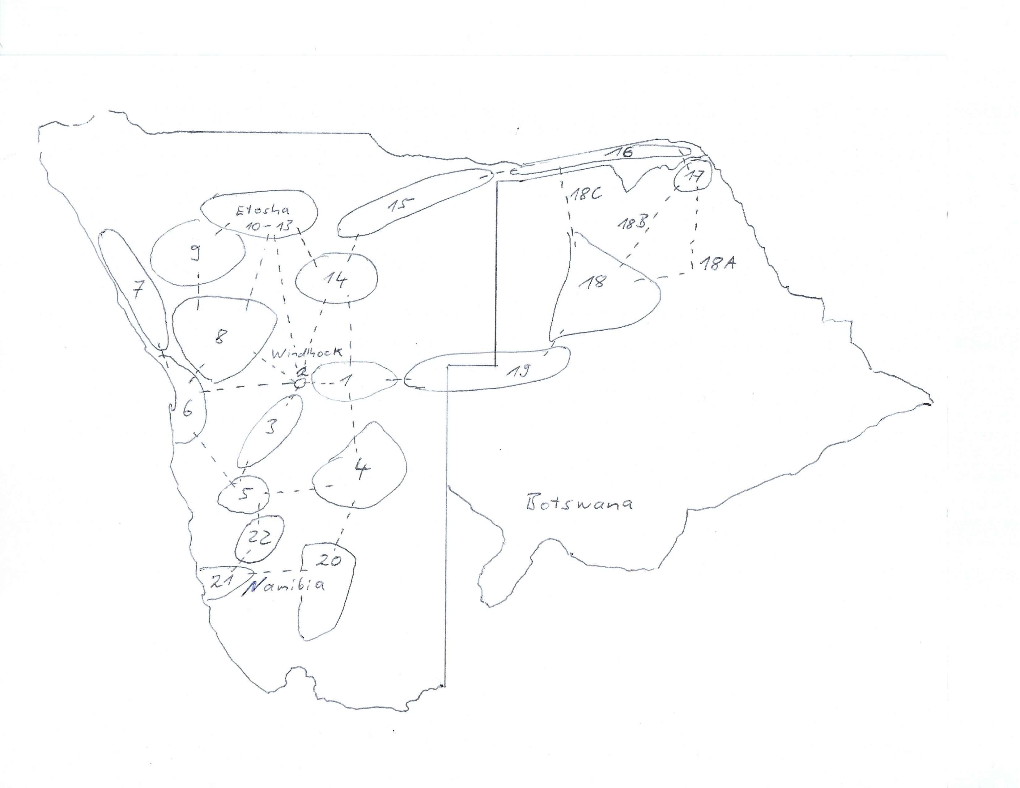 Landkarte von Namibia - mit Reiseregionen und Reiserouten