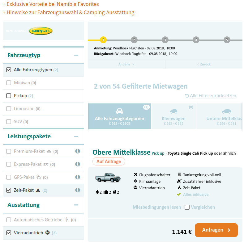 Screenshot - Fahrzeugauswahl und Filtermöglichkeiten in der Sunnycars-Auswahlmaske