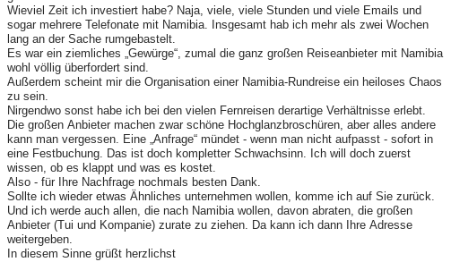 Ehrliches Feedback - Namibia selbst organisieren ist mühsam!