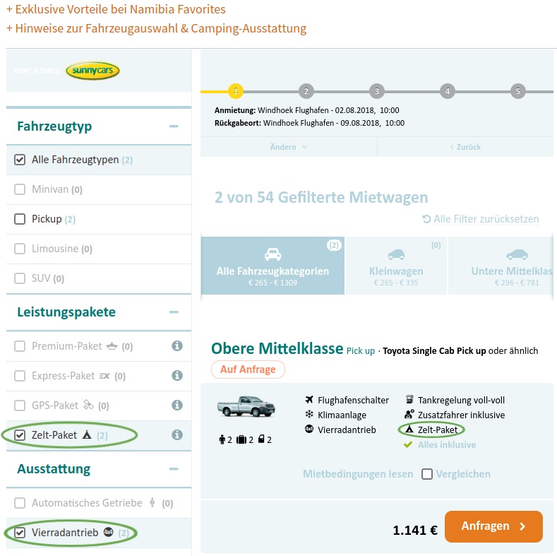 Screenshot - Fahrzeugauswahl und Filtermöglichkeiten in der Sunnycars-Auswahlmaske