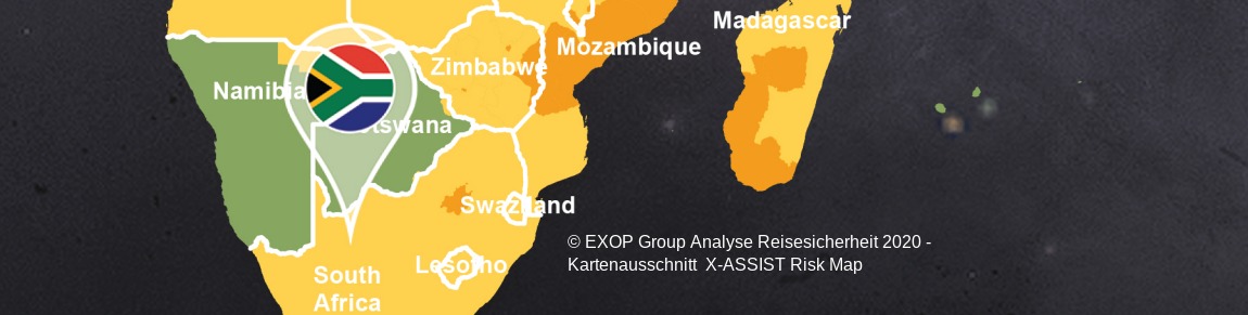 Kartenausschnitt Exop-Group Reiserisiko-Landkarte 2020 - Risiko niedrig für Namibia und Botswana