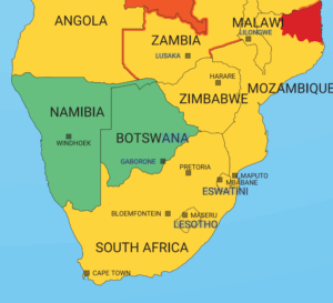 Landkartenausschnitt des südlichen Afrika mit der "grünen" Ampeleinstufung für hohe Reisesicherheit in Namibia und Botswana - aus der A3M-Landkarte-Suedliches-Afrika - Aktuell unter https://a3mglobe.com/risk-map/