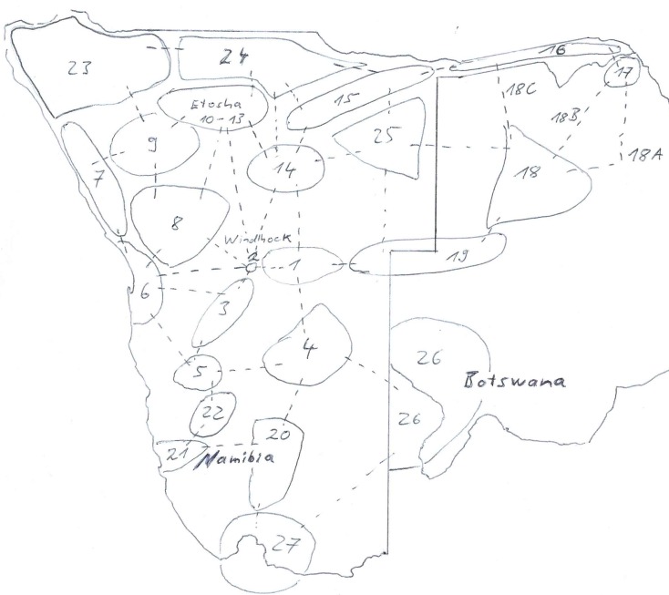 Skizze Namibia und Botswana mit den Reiseregionen und möglichen Reiserouten