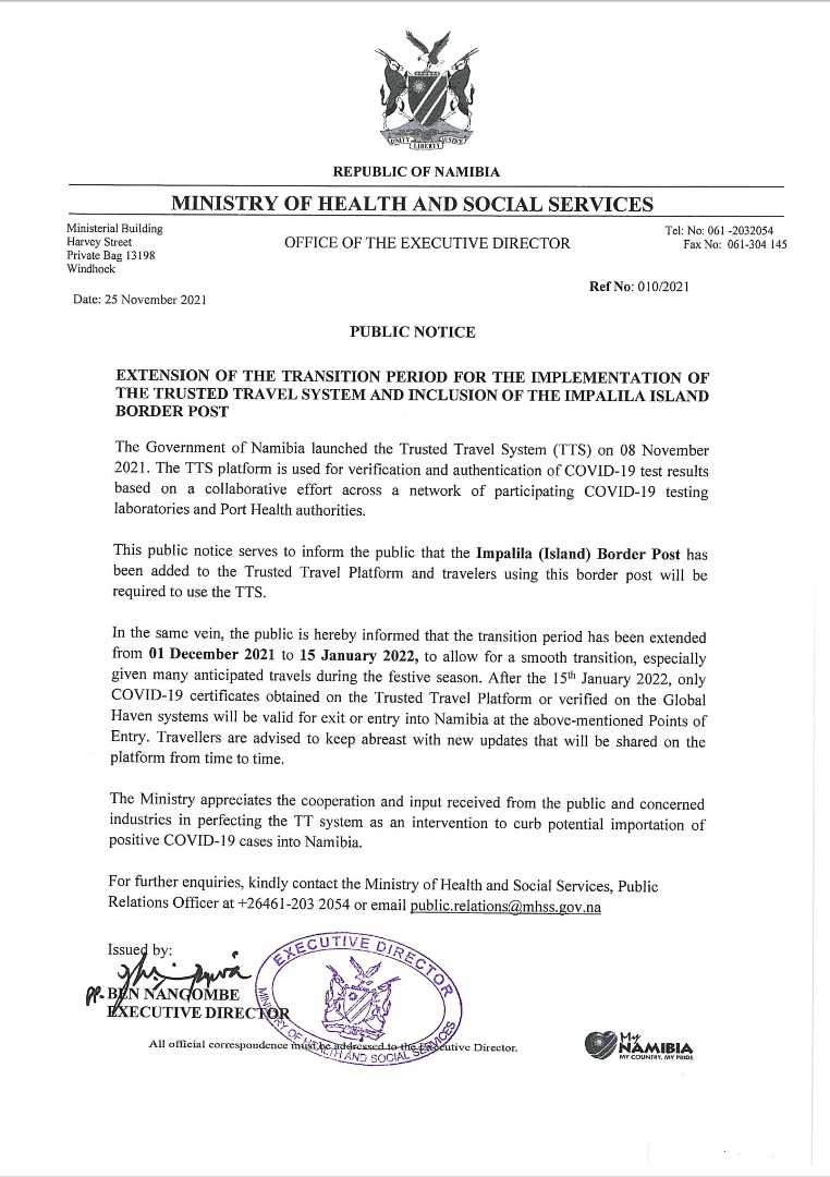 Bekanntmachung des namibischen Ministerium für Gesundheit und Soziales zur Verlängerung der Übergangsfrist des Trusted Travel System zur Einreise in Namibia