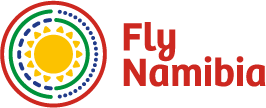 Logo von Fly Namibia - Sonne, Farbkreise der namibischen Flagge und Schriftzug