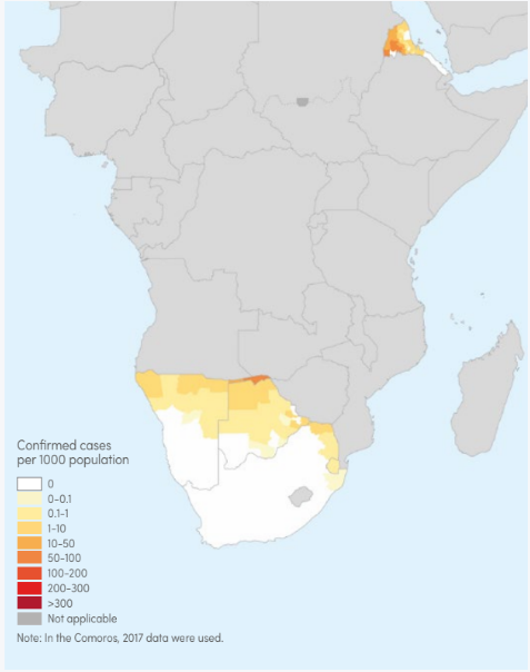 Grafik zu geringem Malariarisiko im Norden Namibias, hohem Risiko in der Sambesi-Region