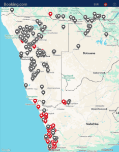 Landkartenausschnitt mit den Standorten der beliebtesten Lodges, Camps und Gästefarmen von Namibia Favorites in Namibia, Südafrika und Botswana