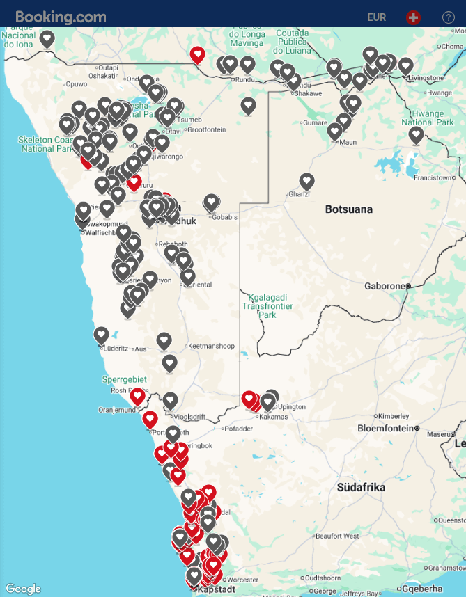 Landkartenausschnitt mit den Standorten der beliebtesten Lodges, Camps und Gästefarmen von Namibia Favorites in Namibia, Südafrika und Botswana