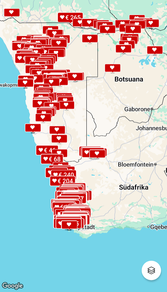 Landkartenausschnitt mit den Standorten der beliebtesten Lodges, Camps und Gästefarmen von Namibia Favorites in Namibia, Südafrika und Botswana