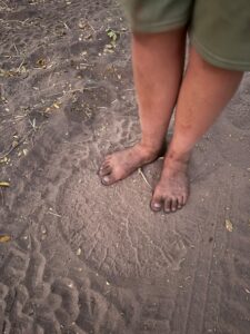 Foto von oben - Kinderfüsse in dem Fuss-Abdruck eines Elefanten