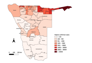 Landkarte Namibias mit Größenordnung Fallzahlen von Malaria pro Region zeigt starke Häufung im Norden, speziell entlang der Grenzen Angola, Sambia, Botswana entlang der Flüsse Kunene, Kavango, Kwando und Sambesi